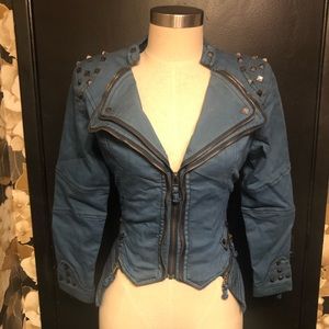 blue denim jacket with stud and zip detail